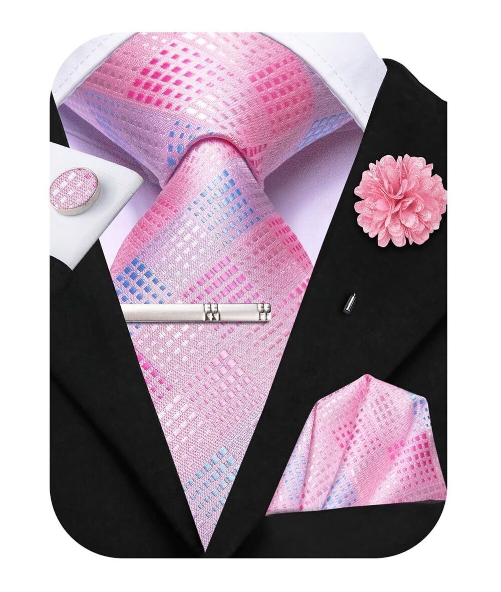 3334 Light Pink Blue Plaid Tie Silk Woven Necktie and Pocket Square Lapel